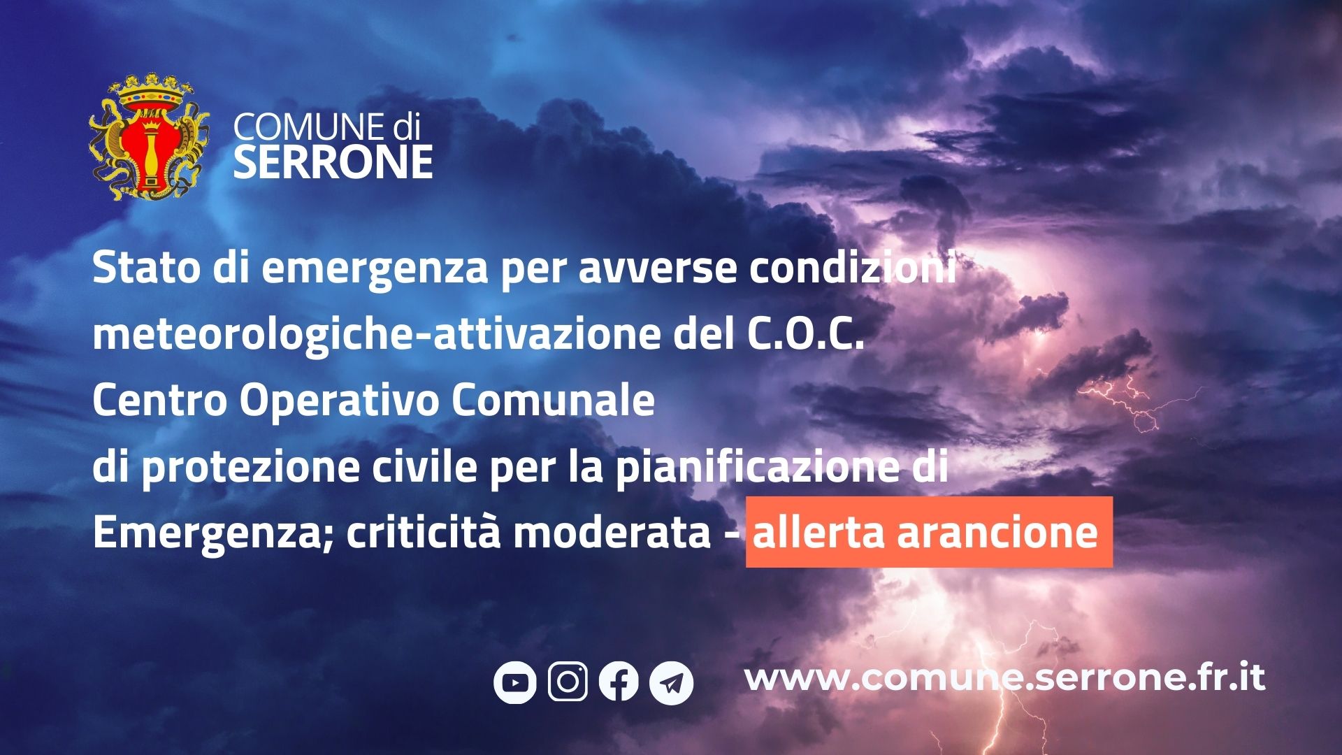 Allerta2909 Stato di emergenza per avverse condizioni meteorologiche-attivazione Del c.O.C. - centro operativo comunale di protezione civile per la pianificazione di Emergenza; criticità moderata - allerta arancione