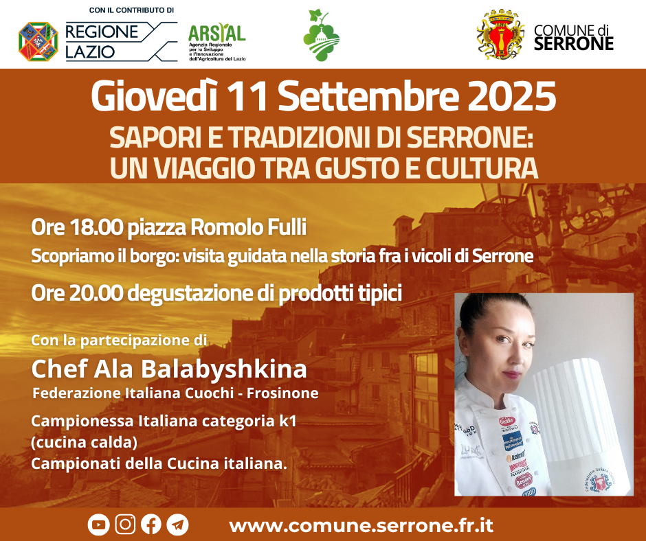 Giovedì 11 settembre 2025 - Evento culturale ed enogastronomico nel borgo storico di Serrone